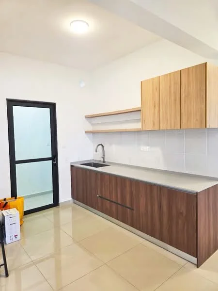 Kitchen features: wood cabinetry with light wood finish, dark wood lower cabinetry, stainless-steel countertop, single-bowl stainless-steel sink, chrome pull-down faucet, white tiled backsplash, open shelving above countertop, tile flooring in cream color, recessed ceiling lights, black framed glass door leading to another room; style: modern.