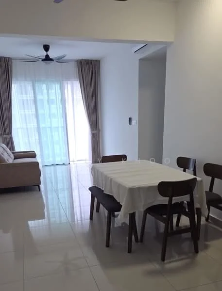 Dining features: white walls, glossy tile flooring, 6-seater dining table, wooden dining chairs, ceiling fan, floor-to-ceiling windows, sheer curtains, sofa in beige, decorative wall, natural light; style: modern.