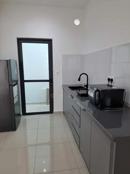 Kitchen features: grey cabinetry, black countertop, single-bowl stainless-steel sink, matte-black gooseneck faucet, built-in microwave, stainless-steel fridge, ceramic tile flooring, white tiled backsplash, window with black frame, recessed lighting; style: modern.