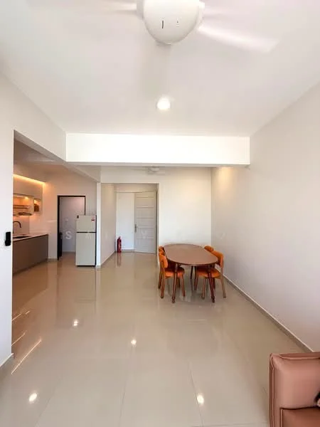 Living features: white painted walls, glossy tile flooring, ceiling fan, round dining table, 4 upholstered dining chairs in orange, refrigerator, kitchen cabinetry visible in background, open layout, natural light from windows, neutral color scheme, minimalist decor; style: modern.