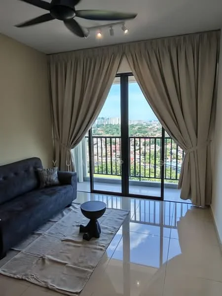 Living features: black fabric sofa, round black side table, cream area rug, floor-to-ceiling windows, sliding glass door, sheer curtains, blackout curtains, recessed downlights, ceiling fan, glossy tile flooring, neutral painted walls; style: modern; view: city.