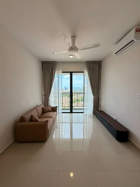 Living features: 3-seater fabric sofa in brown, floor-to-ceiling windows, sheer curtains, white painted walls, glossy tile flooring, ceiling fan with light, wall-mounted split AC, TV console, natural light from windows, view of city skyline; style: modern; view: city.