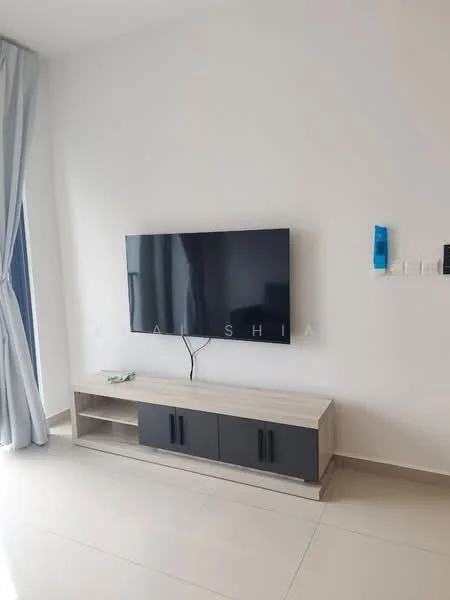 Living features: wall-mounted flat-screen TV, light wood TV console with storage, cream tiled flooring, light grey curtains, white painted walls, blue wall-mounted decor, open space layout; style: modern.