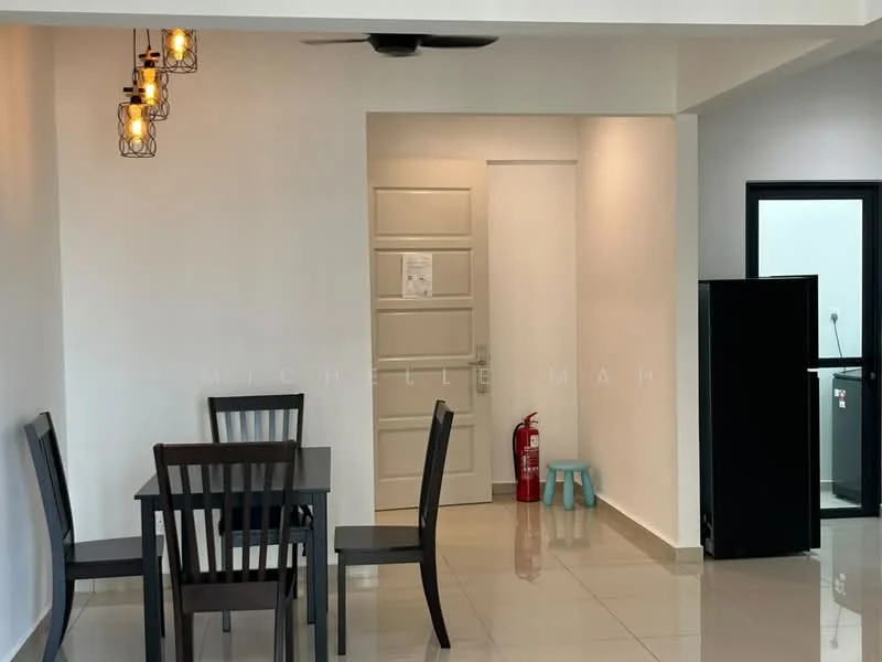Dining features: 4-seater dining table, black wooden dining chairs, pendant lighting with exposed bulbs, white painted walls, glossy tile flooring, ceiling fan, fire extinguisher, door leading to hallway, black fridge, glass door leading to kitchen area; style: modern.