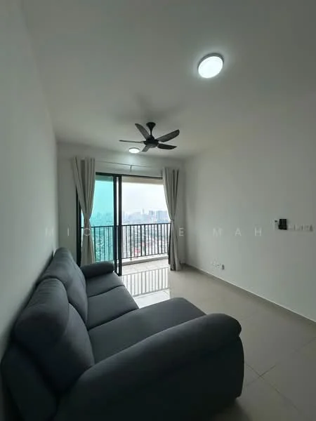 Living features: grey fabric 3-seater sofa, floor-to-ceiling windows, sliding glass door, curtains, ceiling fan with light, recessed ceiling lights, light-colored walls, tile flooring; style: modern; view: city.