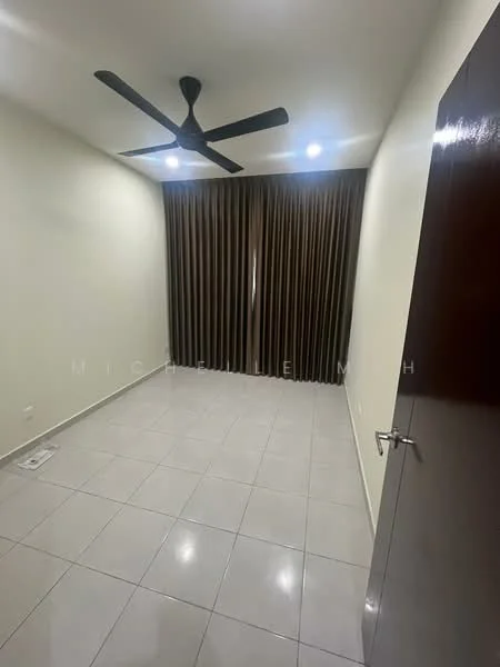 Room features: light-colored painted walls, white ceiling, grey floor tiles, 5-blade ceiling fan, floor-to-ceiling curtains, single door, no visible furniture; style: modern.