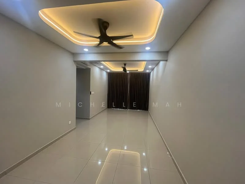 Room features: glossy tile flooring, white painted walls, tray ceiling with LED strip lighting, ceiling fan, recessed downlights, floor-to-ceiling curtains, neutral color scheme; style: modern.
