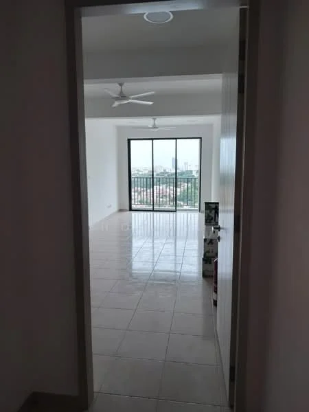 Room features: white painted walls, glossy tile flooring, 5-blade ceiling fan, large floor-to-ceiling window, city view, neutral color scheme, door frame, light fixture in ceiling; style: modern; view: city.