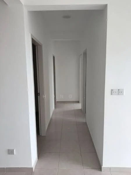 Hallway features: white painted walls, tile flooring, recessed ceiling lights, doorways leading to other rooms, neutral color scheme; style: modern.
