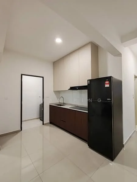 Kitchen features: white painted walls, cream cabinetry, dark wood lower cabinets, marble countertop, single-bowl stainless-steel sink, chrome pull-down faucet, built-in oven, stainless-steel fridge, recessed downlights, ceramic tile flooring; style: modern.