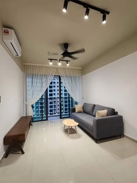 Living features: grey fabric sofa, wooden coffee table, wall-mounted TV console, floor-to-ceiling windows, sheer curtains, 5-blade ceiling fan with light, wall-mounted split AC, polished tile flooring, white painted walls, recessed downlights; style: modern; view: city.