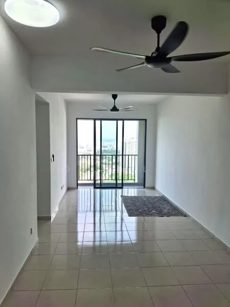Living features: white painted walls, glossy tile flooring, 2 ceiling fans, floor-to-ceiling windows, balcony access, area rug, natural light, city view; style: modern; view: city.