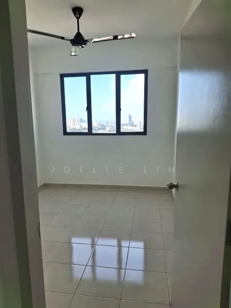 Room features: white painted walls, glossy tile flooring, 5-blade ceiling fan with light, floor-to-ceiling windows, city view; style: modern; view: city.