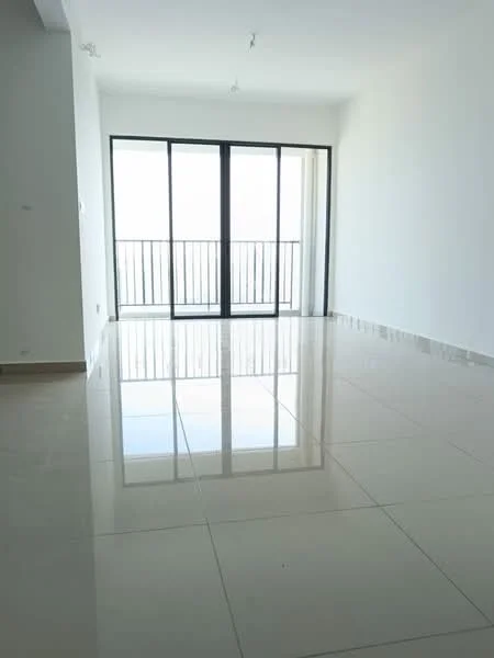 Living features: white painted walls, glossy ceramic tile flooring, floor-to-ceiling windows, sliding glass door, balcony access, recessed ceiling lights, neutral color scheme, open layout; style: modern; view: city.