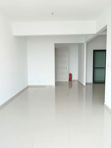 Room features: white painted walls, glossy ceramic tile flooring, recessed ceiling lights, single door, glass door, fire extinguisher, open layout, neutral color scheme; style: modern.