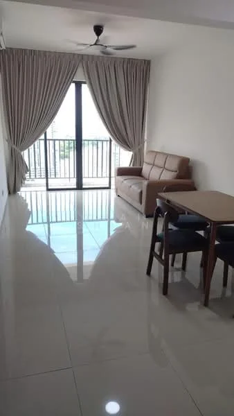 Living features: 3-seater leather sofa in beige, coffee table, dining table for 2, 4 dining chairs, floor-to-ceiling windows, sheer curtains, ceiling fan, polished ceramic tile flooring, white painted walls, balcony view; style: modern; view: city.