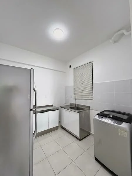 Kitchen features: stainless-steel fridge, white cabinetry with flat-panel doors, grey countertop, single-bowl stainless-steel sink, chrome pull-down faucet, built-in washing machine, ceramic tile flooring, white painted walls, window with blinds, ceiling light fixture; style: modern.