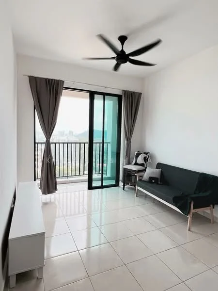 Living features: floor-to-ceiling sliding glass door, black metal railing, grey fabric sofa, white TV console, black side table, ceiling fan with 5 blades, white painted walls, glossy ceramic tile flooring, curtains in grey, city view through sliding door; style: modern; view: city.