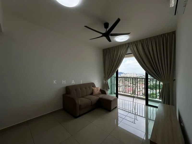 Living features: 3-seater fabric sofa in beige, floor-to-ceiling windows, sheer curtains, 5-blade ceiling fan, recessed downlights, tile flooring, balcony view, wall-mounted TV console, decorative wall, neutral painted walls; style: modern; view: city.