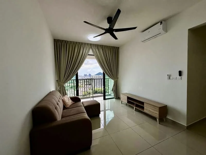 Living features: 3-seater fabric sofa in beige, wall-mounted TV console, floor-to-ceiling windows, sliding glass door, sheer curtains, 5-blade ceiling fan with light, wall-mounted air conditioning unit, glossy tile flooring, neutral painted walls, decorative wall panel; style: modern; view: city.