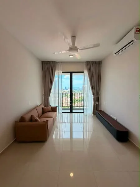 Living features: 3-seater fabric sofa in brown, floor-to-ceiling windows, sheer curtains, white painted walls, polished tile flooring, ceiling fan, wall-mounted split AC, TV console, natural light from window, view of city skyline; style: modern; view: city.