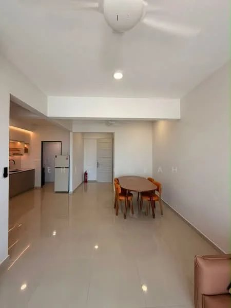 Dining features: dining table with four chairs, light-colored walls, recessed ceiling lights, ceiling fan, glossy tile flooring, open layout, kitchen area visible in background, white cabinetry in kitchen, fridge visible, neutral color palette; style: modern.