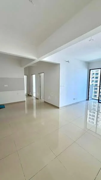 Room features: white painted walls, glossy tile flooring, large windows with city view, sliding glass door, recessed downlights, open layout, neutral color scheme, high ceiling; style: modern; view: city.