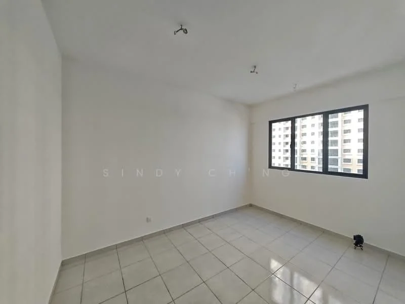 Room features: white painted walls, tile flooring, large window, natural light, ceiling lights, empty space; style: modern; view: city.