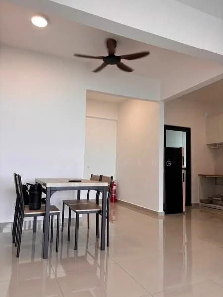 Dining features: 4-seater dining table, black metal chairs, white painted walls, glossy tile flooring, 5-blade ceiling fan, fire extinguisher, open layout to kitchen, doorway leading to kitchen; style: modern.