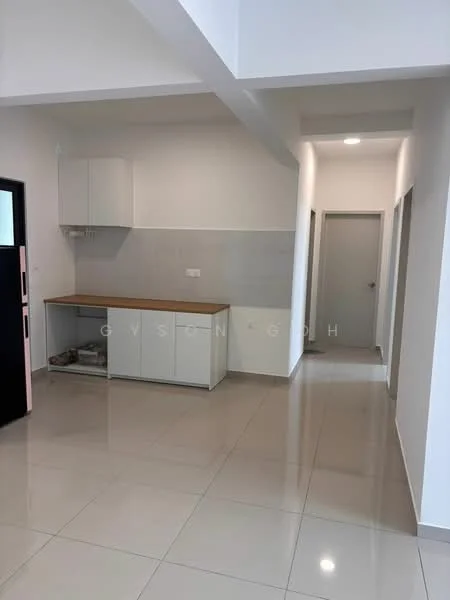 Room features: white painted walls, glossy tile flooring, wooden countertop, white cabinetry, open layout, recessed ceiling lights, doorway leading to hallway, doorway leading to another room; style: modern.