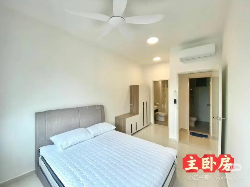 Bedroom features: king-size bed with upholstered headboard, white bedding, 5-blade ceiling fan, wall-mounted air conditioning unit, light-colored walls, tile flooring, built-in wardrobe, doorway leading to bathroom; style: modern.