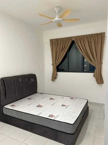 Bedroom features: queen-size bed, upholstered headboard, white painted walls, tile flooring, 5-blade ceiling fan, brown curtains, floor-to-ceiling window, mattress on bed frame; style: modern.