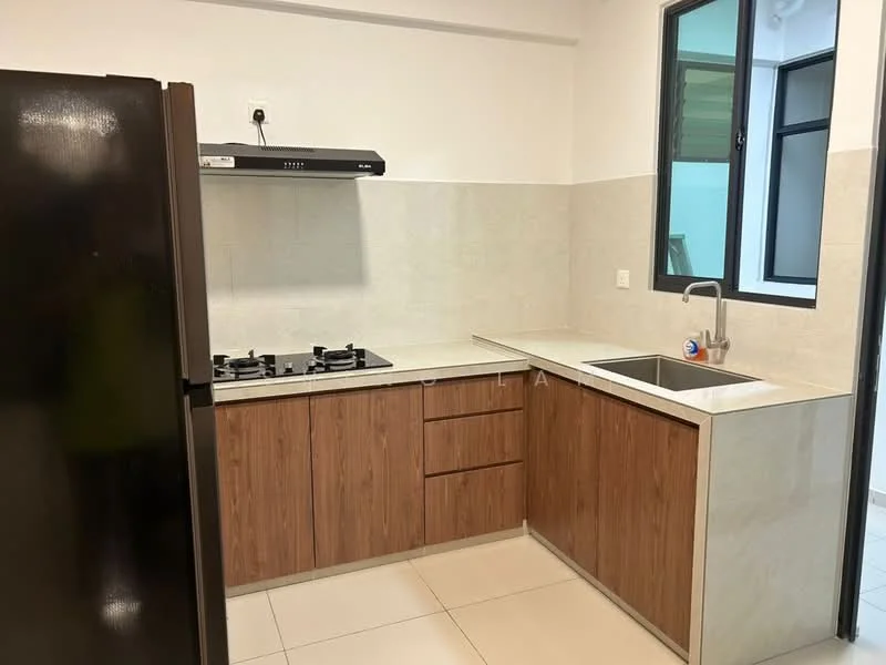 Kitchen features: black fridge, stainless-steel gas hob with 3 burners, black range hood, wood cabinetry, light-colored countertop, white tiled backsplash, single-bowl stainless-steel sink, window with black frame; style: modern.