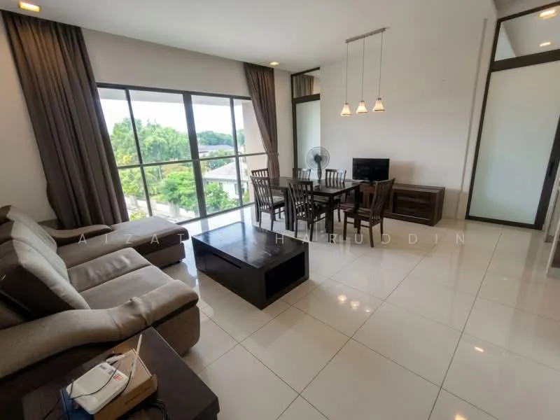 Living features: large floor-to-ceiling windows, grey fabric sectional sofa, coffee table, dining table for six, wooden dining chairs, ceiling lights, white tiled flooring, curtains, wall-mounted TV console, decorative wall panel; style: modern; view: garden.
