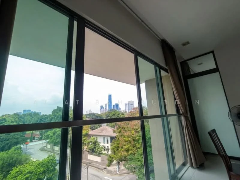 Room features: floor-to-ceiling windows, curtains, city skyline view, wall-mounted fan, light-colored walls, neutral flooring; style: modern; view: city.