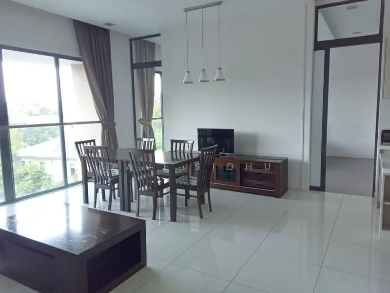 Dining features: 6-seater dining table, wooden dining chairs, floor-to-ceiling windows, curtains, TV console, wall-mounted TV, coffee table, polished tile flooring, recessed downlights; style: modern; view: garden.