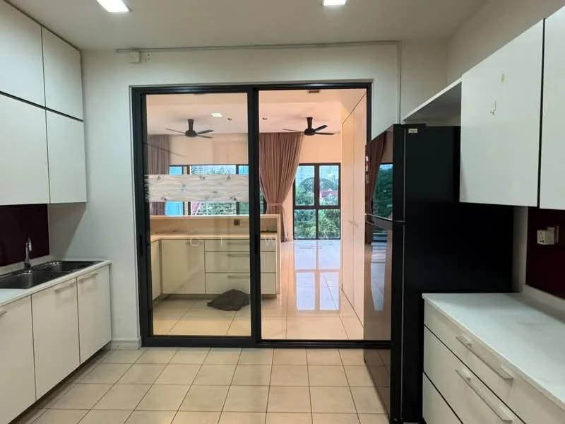 Kitchen features: white cabinetry, black refrigerator, stainless-steel sink, single-bowl stainless-steel sink, countertop with white surface, ceramic tile flooring, recessed downlights, floor-to-ceiling sliding glass door, view of outdoor area, ceiling fan, dark accent wall; style: modern; view: garden.