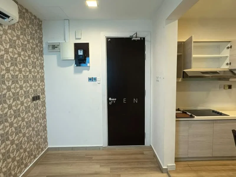 Room features: wooden flooring, white painted walls, decorative wallpaper with floral pattern, 1 wall-mounted split AC, black door, kitchen cabinetry, stainless-steel range hood, kitchen countertop; style: modern.