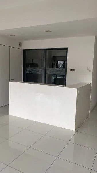 Room features: white solid surface countertop, white cabinetry, glossy white tile flooring, recessed ceiling lights, glass partition wall, neutral wall color, built-in storage cabinets; style: modern.