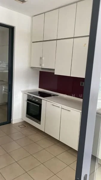 Kitchen features: white cabinetry, red backsplash, built-in oven, stainless-steel hob, single-bowl stainless-steel sink, chrome pull-down faucet, tile flooring, floor-to-ceiling windows, open layout, counter space, upper cabinets, lower cabinets; style: modern.