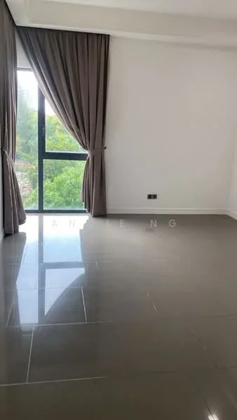 Room features: large floor-to-ceiling window, grey porcelain tile flooring, white painted walls, dark brown curtains, natural light from window, minimalist design, no visible furniture, smooth ceiling; style: modern; view: garden.