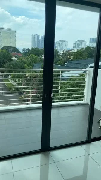 Room features: floor-to-ceiling sliding glass doors, balcony with railing, city skyline view, grey tiled flooring, white walls; style: modern; view: city.