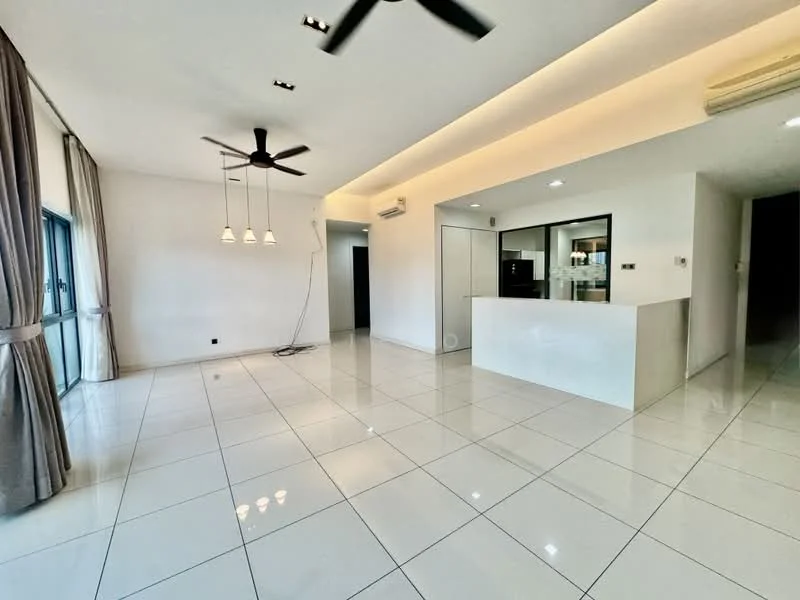 Living features: white painted walls, glossy white tile flooring, 5-blade ceiling fan with light, 3 pendant lights, floor-to-ceiling windows, sliding glass door, recessed downlights, open kitchen layout, kitchen island, air conditioning unit; style: modern.