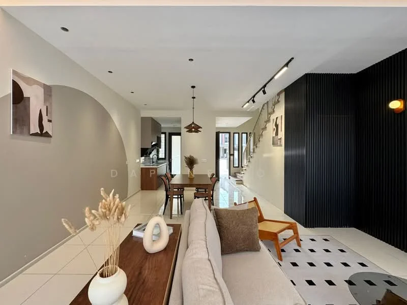 Living features: cream painted walls, white tiled flooring, sofa with light fabric upholstery, wooden coffee table, decorative vase, abstract artwork on wall, pendant light fixture, wooden accent chair, black accent wall with vertical slats, open layout to dining area, large windows for natural light, staircase visible in background; style: modern. Dining features: dining table, chairs, open layout to living area; style: modern.
