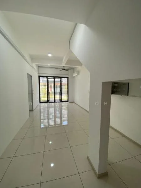 Room features: white painted walls, glossy ceramic tile flooring, 5-blade ceiling fan, recessed LED downlights, floor-to-ceiling windows, sliding glass door, air conditioning unit, open layout; style: modern; view: garden.