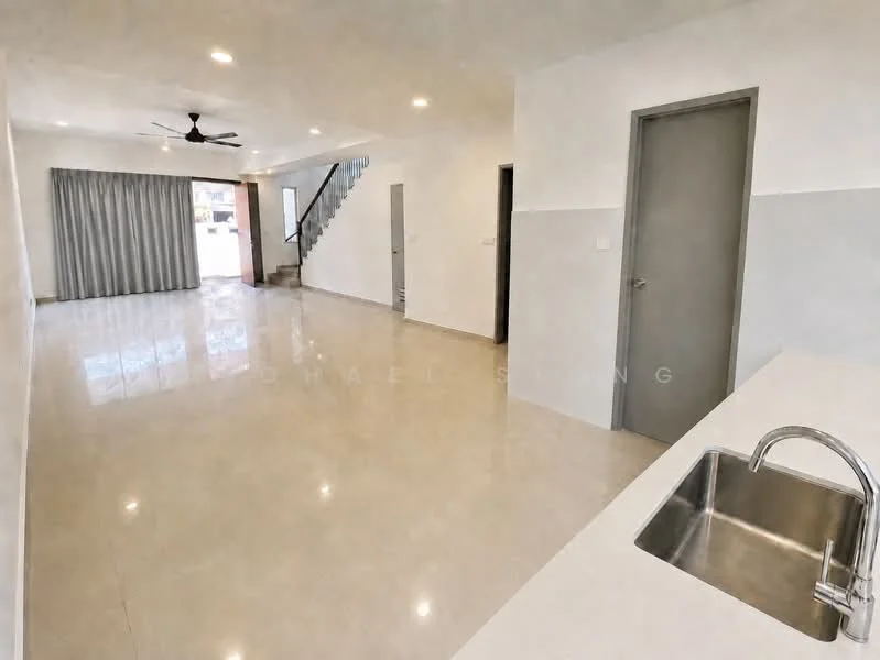 Living features: polished tile flooring, white painted walls, ceiling fan with light, floor-to-ceiling sliding glass door, curtains, staircase, recessed downlights; style: modern; view: garden. Kitchen features: single-bowl stainless-steel sink, white countertop, kitchen cabinetry, open layout; style: modern.