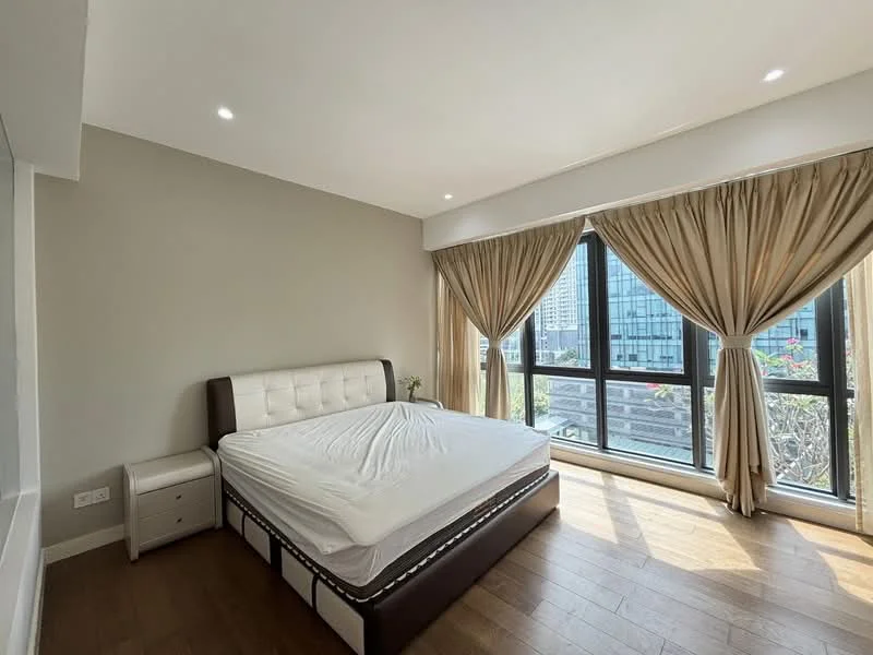 Bedroom features: king-size bed with upholstered headboard, white bed linens, nightstand with drawer, floor-to-ceiling windows, curtains in beige, wooden flooring, recessed downlights, decorative plant on nightstand; style: modern; view: city.