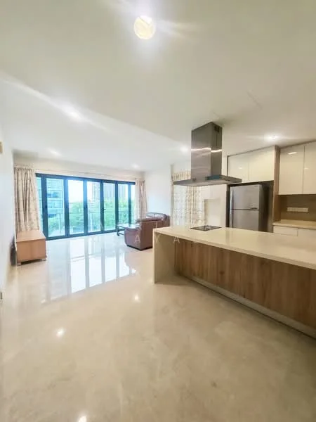 Living features: marble flooring, white painted walls, recessed downlights, floor-to-ceiling windows, sheer curtains, sofa in brown leather, kitchen island with countertop, stainless-steel fridge, kitchen cabinetry in wood finish, open layout, view of greenery; style: modern; view: garden.