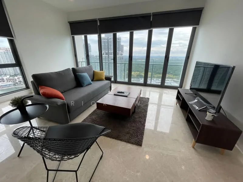 Living features: 3-seater fabric sofa in grey, decorative cushions in blue and orange, coffee table with wooden top, area rug with geometric pattern, floor-to-ceiling windows, city view, wall-mounted TV, TV console with storage, black wire chair, marble flooring, recessed downlights; style: modern; view: city.