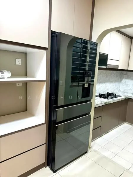 Kitchen features: black refrigerator, built-in cabinetry, white marble backsplash, gas cooktop, cream cabinetry, open shelving, tile flooring, under-cabinet lighting; style: modern.